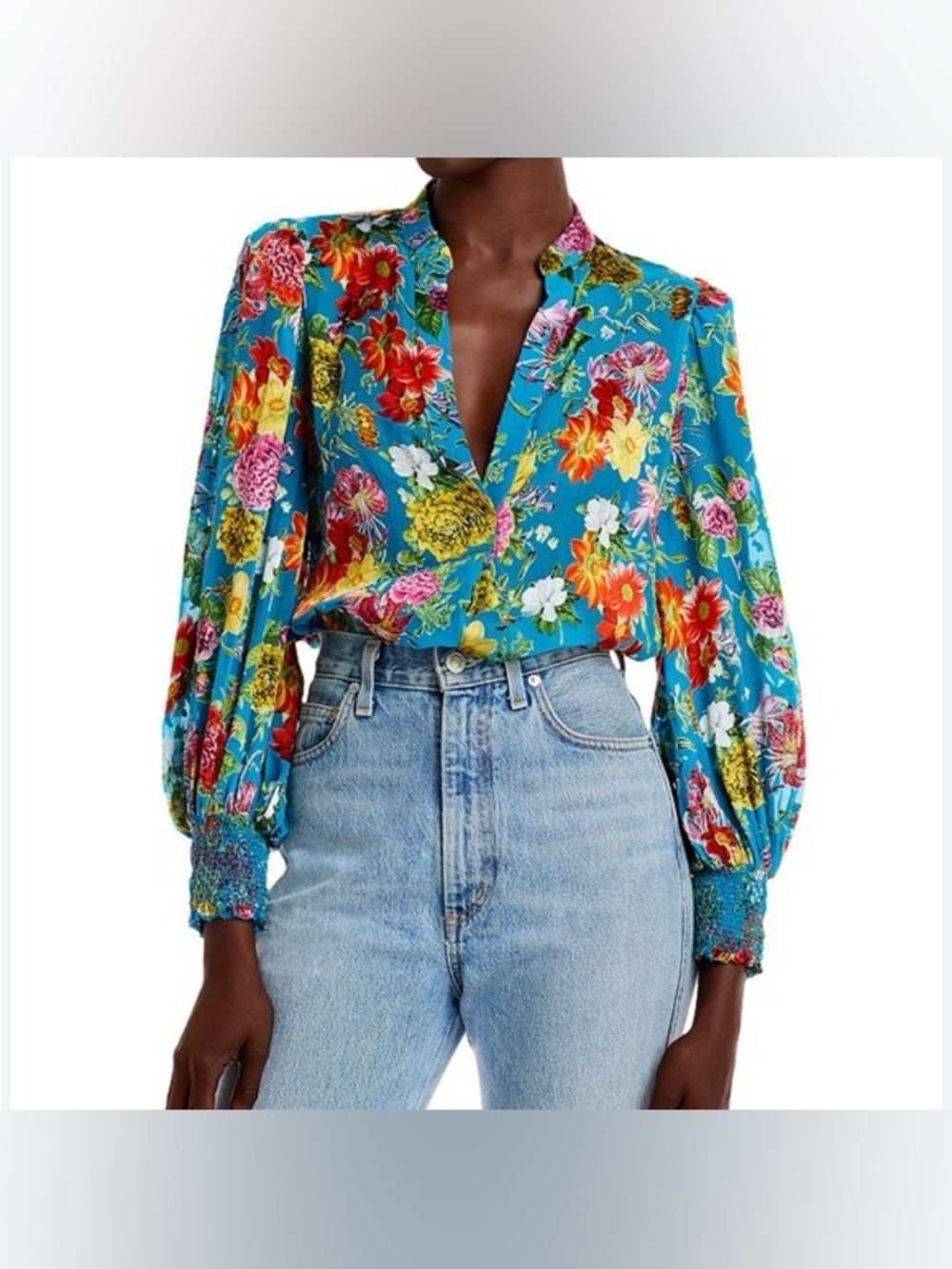 Alice + Olivia Sheila Blouson Sleeve Top Floral Silk Blend Size XS